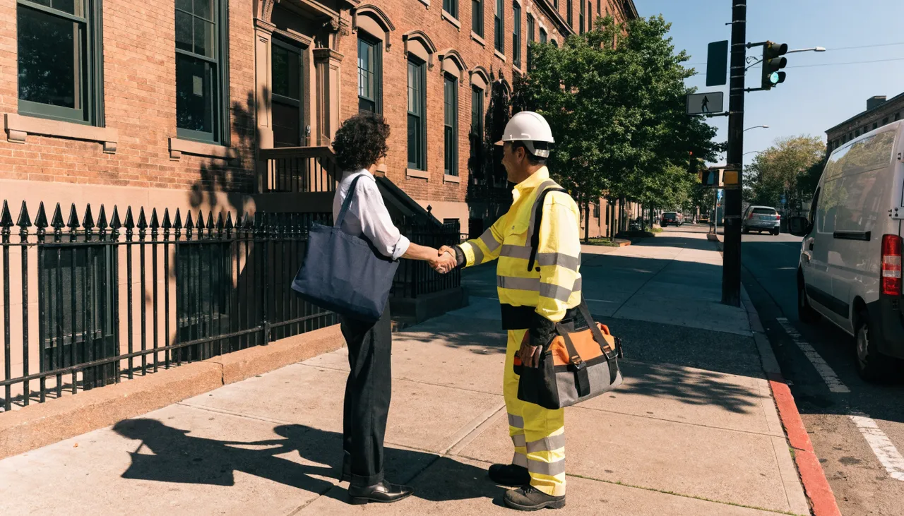 Condo board member and licensed maintenance contractor meeting outside a Boston brownstone