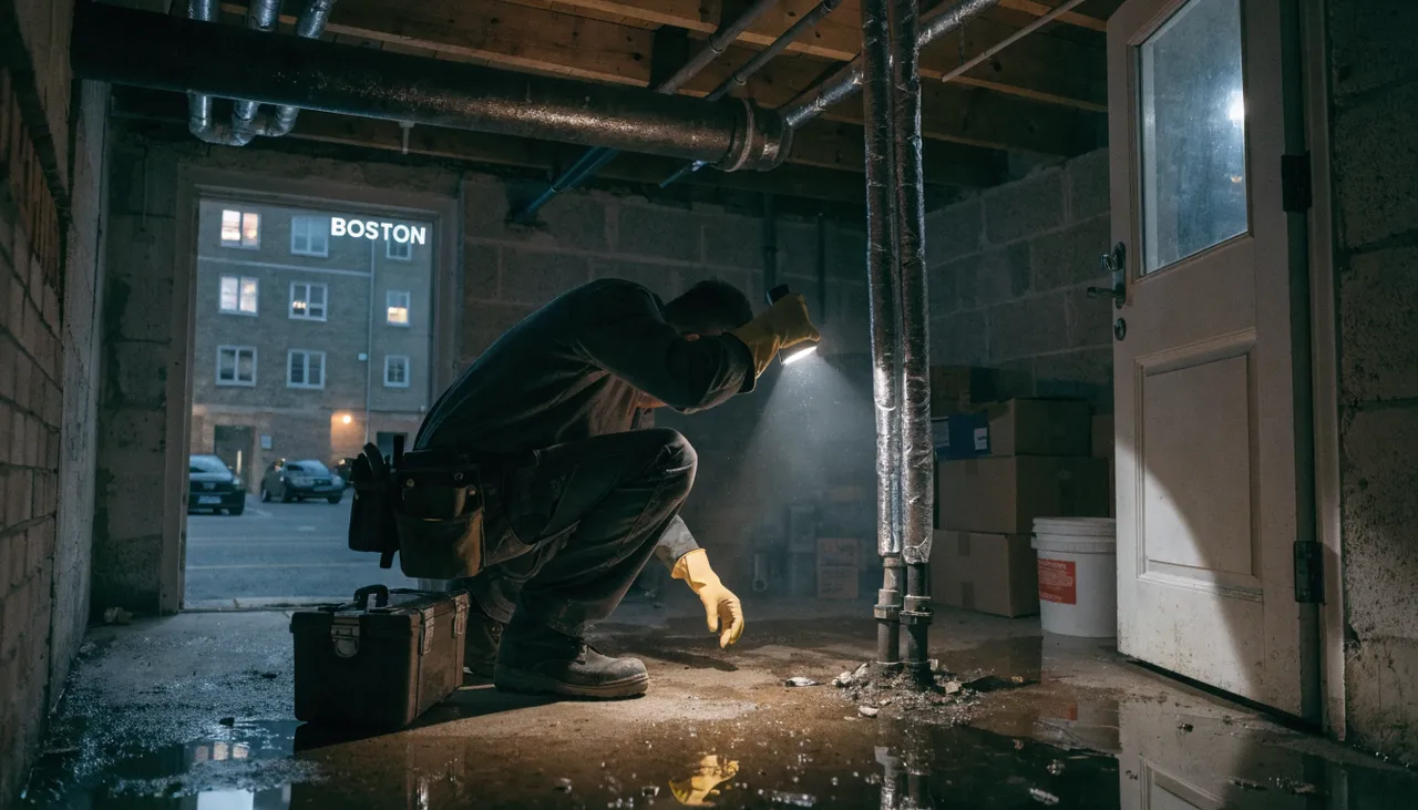Emergency plumber responding at night to a burst pipe in a Boston residential building basement