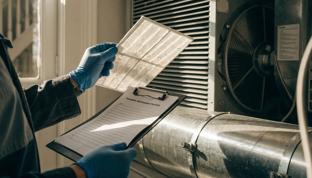Technician checking an HVAC filter during a routine preventive maintenance visit at a Boston rental