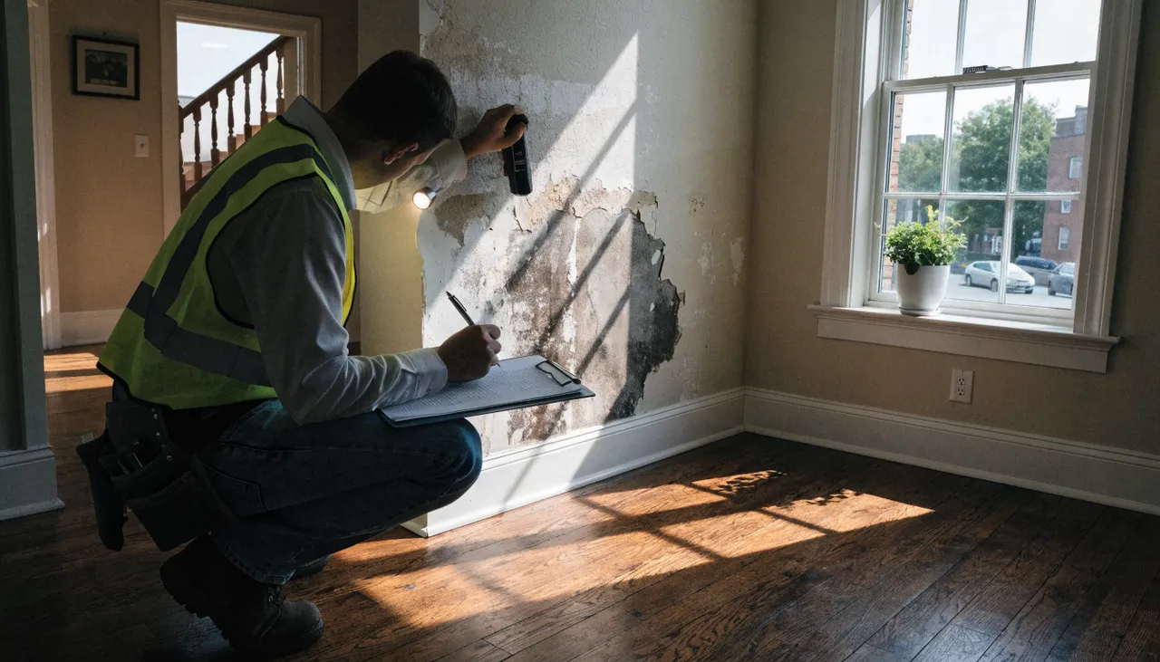 Contractor assessing water-damaged drywall with a moisture meter for a Boston insurance rebuild claim
