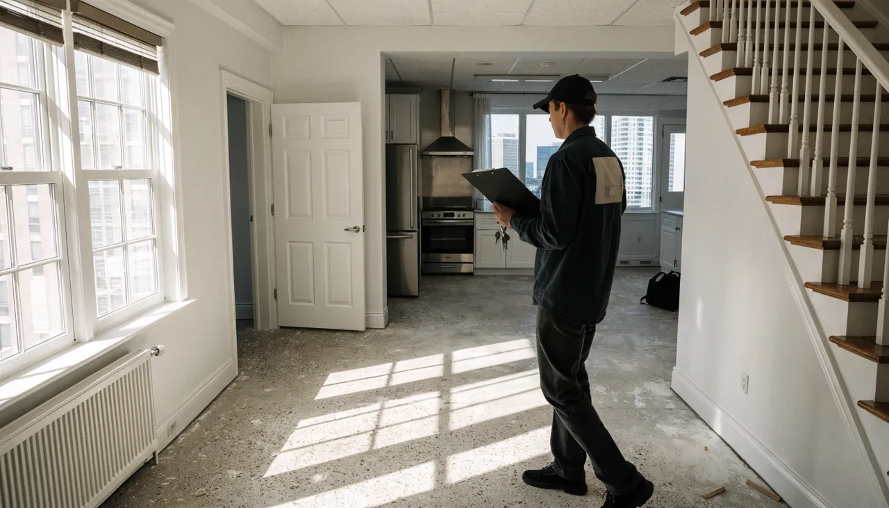Property manager walking through an empty, just-renovated Boston rental unit with a clipboard and new keys